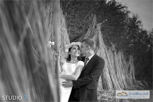Жених целует счастливую невесту на фоне стогов сен